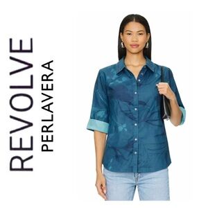 NWT Revolve x Perlavera Blue Cos Jacquard Printed Three Quarter Sleeve Shirt